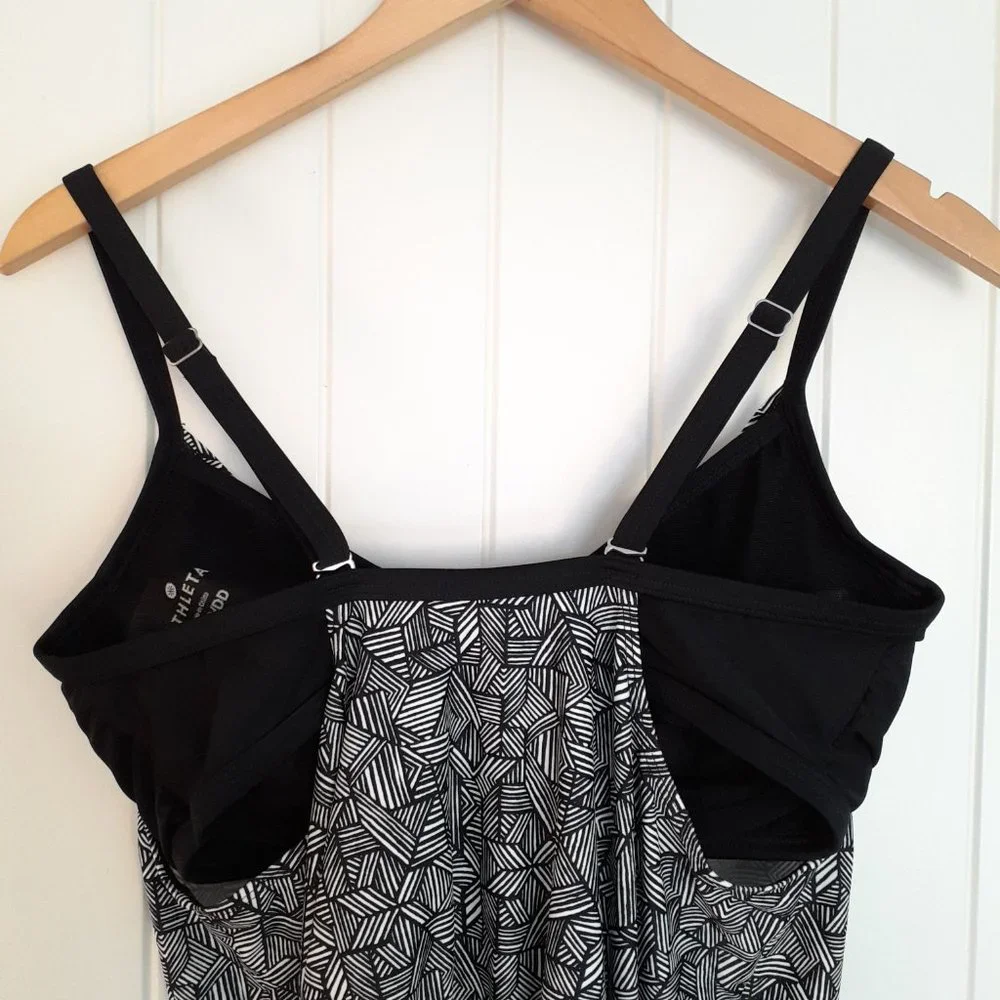 Athleta Laguna Side Scrunch Tankini Top Black & White Size 34D/DD